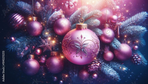 Weihnachtskugeln in Transcendent Pink, dekoriert mit feinen Ornamenten, umgeben von Tannenzweigen, Zapfen und Lichtern, vor einem dunklen, stimmungsvollen Hintergrund. Festlicher Glanz. Generative KI. photo