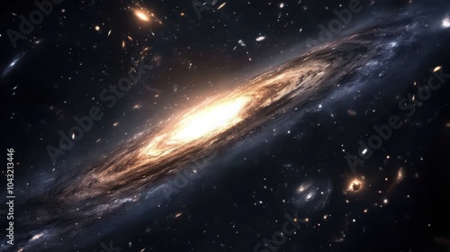 An abstract depiction of a distant galaxy shrouded in shadows, with glowing stars peeking through the darkness.