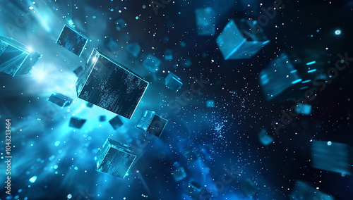 Abstract background with flying blue cubes in dark space