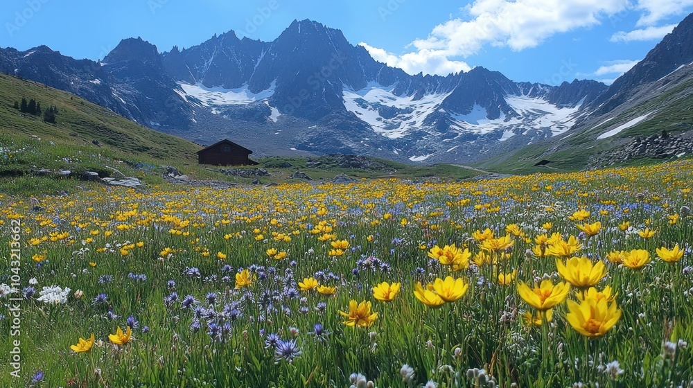 Fototapeta premium Colorful wildflowers blooming in a meadow beneath towering snow-capped mountains