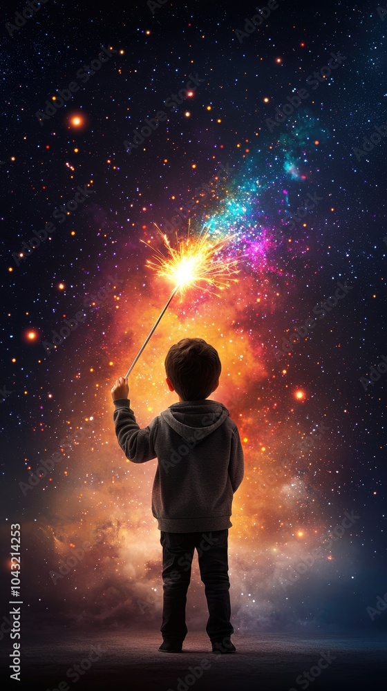 A child stands against a cosmic backdrop, wielding a magic wand that creates vibrant, colorful sparks in the starry universe. A child stands against a cosmic backdrop, wielding a magic wand that creates vibrant, colorful sparks in the starry universe.
