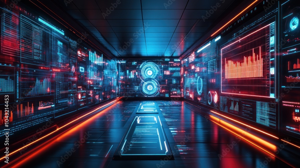 High-tech holographic projections of data points and graphs, floating in a dark room with glowing neon accents High-tech holographic projections of data points and graphs, floating in a dark room with glowing neon accents