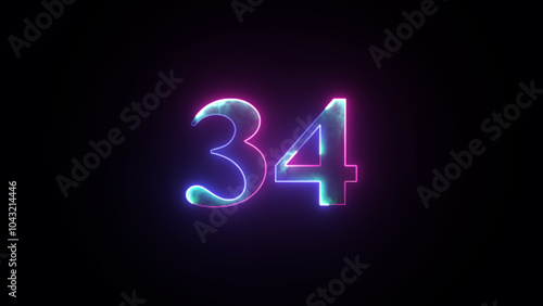 Abstract glowing neon number 34. Blue and purple neon futuristic effect. Trendy glow lighting