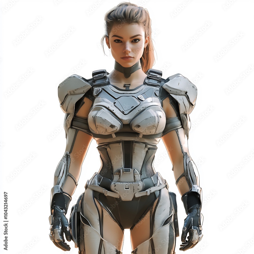 Gaming character girl in a futuristic armor suit, showing strong upper body muscles on a white background. Gaming character girl in a futuristic armor suit, showing strong upper body muscles on a white background.