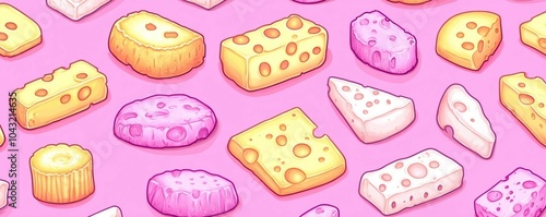 A vibrant pattern featuring various types of colorful cheese on a pink background, showcasing different shapes and textures. photo