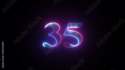 Abstract glowing neon number 35. Blue and purple neon futuristic effect. Trendy glow lighting