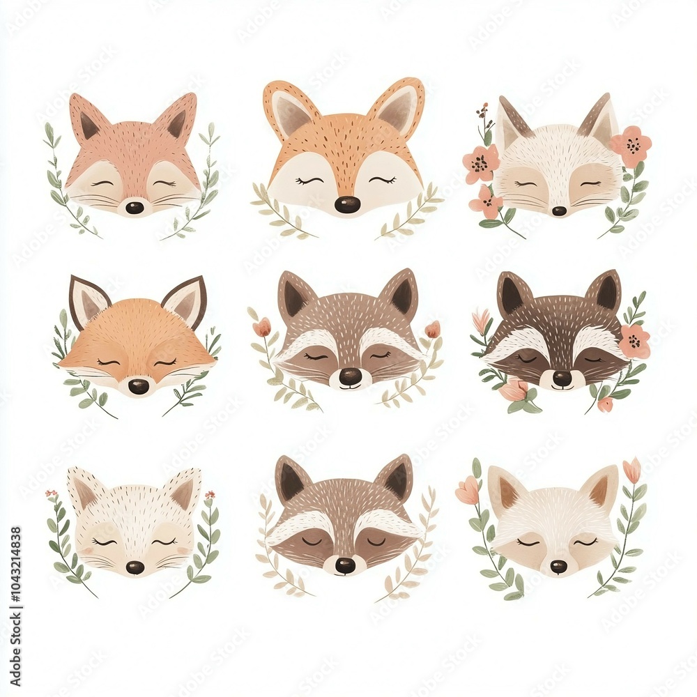 Fototapeta premium Cute and colorful animal illustrations featuring three different foxes and raccoons, surrounded by greenery and flowers.