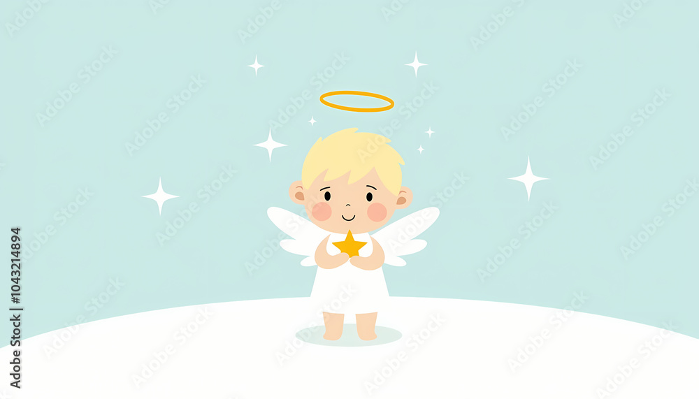 Little angel with a halo and a star on a solid blue background, watercolor illustration, ideal for peaceful and whimsical designs.