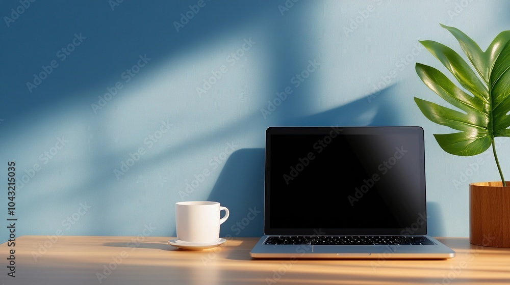Fototapeta premium Modern Laptop with Bright Screen and Green Plant