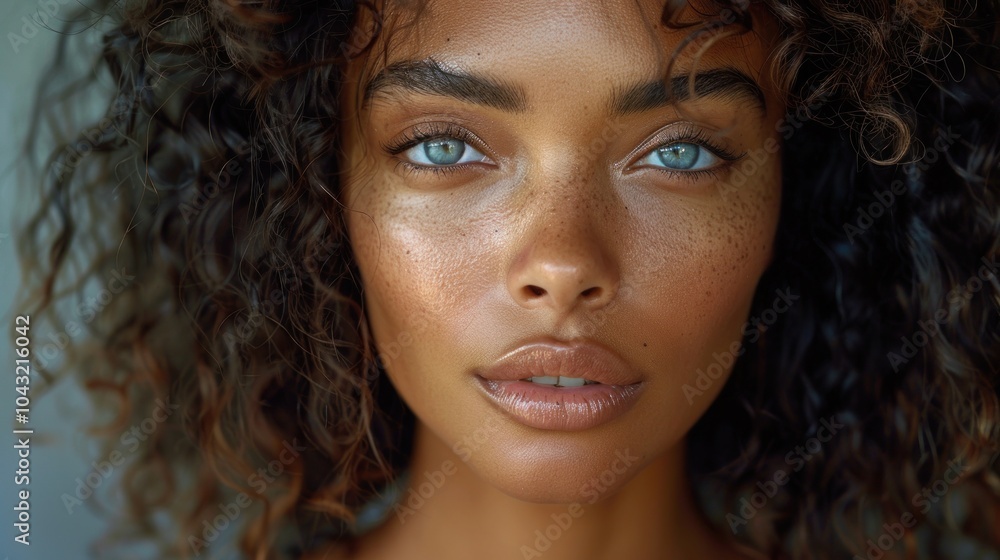 A captivating portrait of a woman with curly hair and piercing blue eyes, showcasing natural beauty and confidence. Generative AI A captivating portrait of a woman with curly hair and piercing blue eyes, showcasing natural beauty and confidence. Generative AI