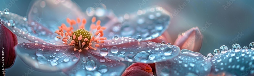 Many drops of water on a flower with a blue background, plant background Many drops of water on a flower with a blue background, plant background