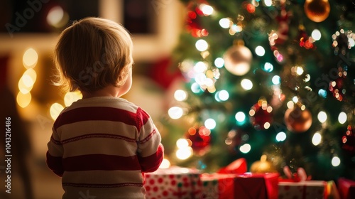 A small child standing in awe in front of a Christmas tree, gazing at the twinkling lights and ornaments, with presents wrapped underneath