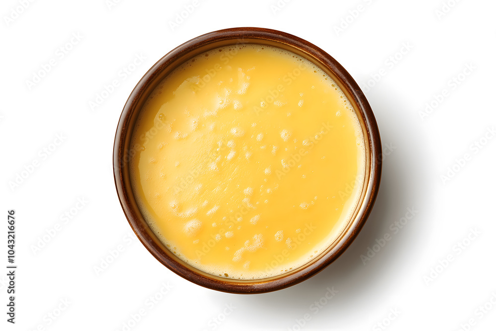 Pot of delicious cheese fondue top view isolated on white background Pot of delicious cheese fondue top view isolated on white background