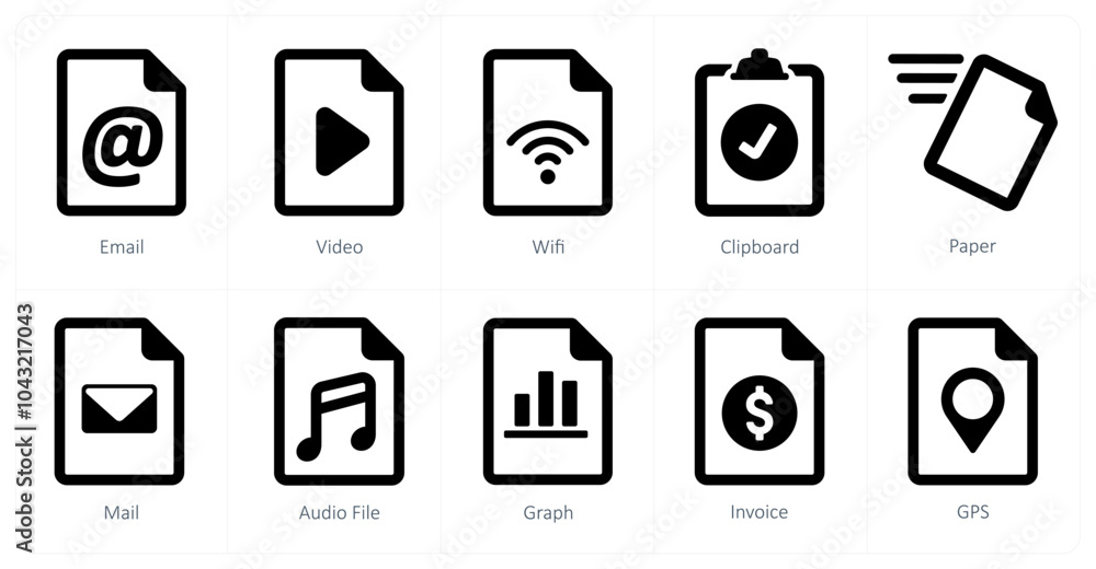 A set of 10 File icons as email, video, wifi A set of 10 File icons as email, video, wifi