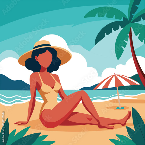 a beautiful women sunbathing in beach vector illustration graphic design