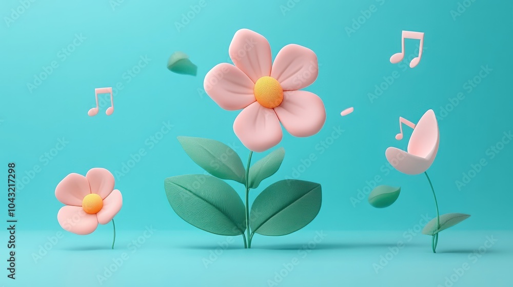Obraz premium 3D Render of Pink Flowers and Music Notes on a Blue Background.