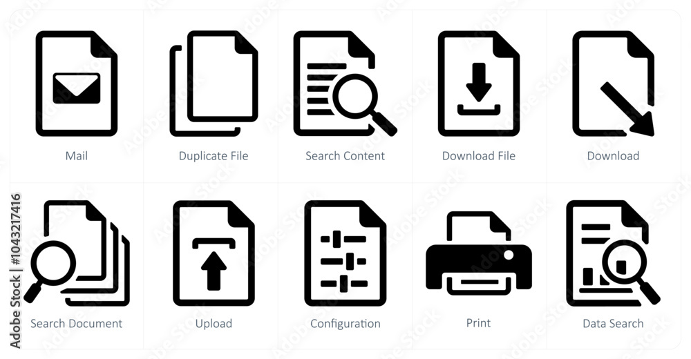 A set of 10 File icons as mail, duplicate file, search content A set of 10 File icons as mail, duplicate file, search content