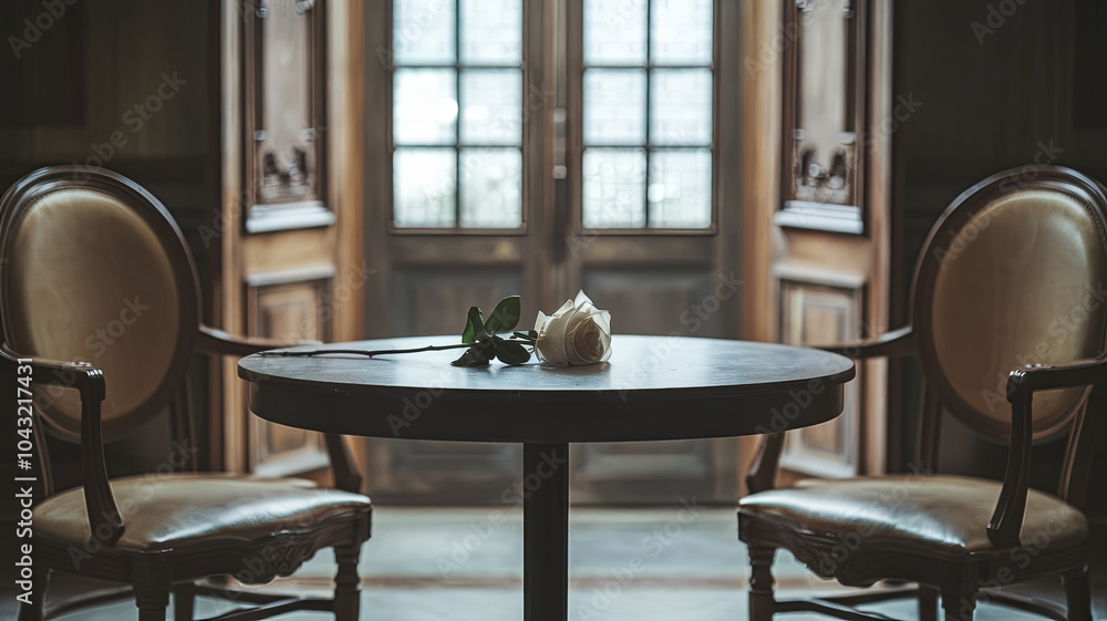 cinematic shot of dimly lit room featuring wooden table and two elegant chairs. single white rose rests on table, creating serene and contemplative atmosphere cinematic shot of dimly lit room featuring wooden table and two elegant chairs. single white rose rests on table, creating serene and contemplative atmosphere