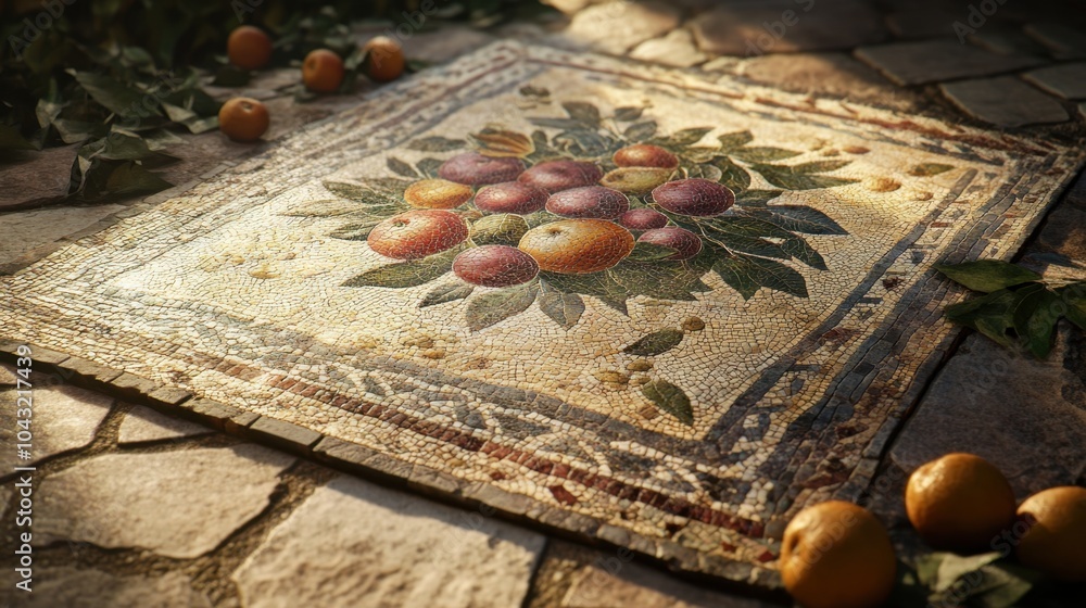 A vibrant mosaic of ripe fruits surrounded by natural stones in a sun-kissed outdoor setting of late afternoon A vibrant mosaic of ripe fruits surrounded by natural stones in a sun-kissed outdoor setting of late afternoon