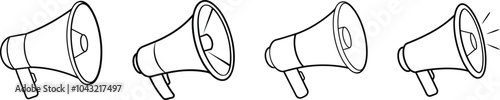 A black and white illustration of four megaphones drawn by hand. Each megaphone is positioned differently, showing the speaker facing the viewer, the speaker facing away from the viewer, and the speak