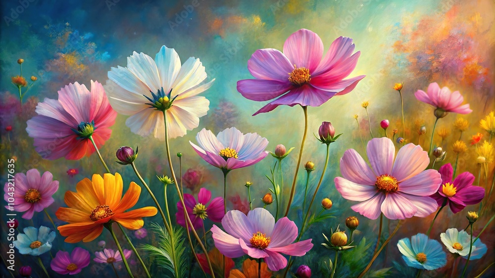 High angle oil painting of cosmos flowers on canvas with colorful flower background High angle oil painting of cosmos flowers on canvas with colorful flower background
