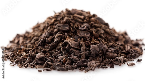 Richly textured black tea leaves piled high, showcasing their deep color and aromatic potential in a vibrant culinary setting. Generative AI