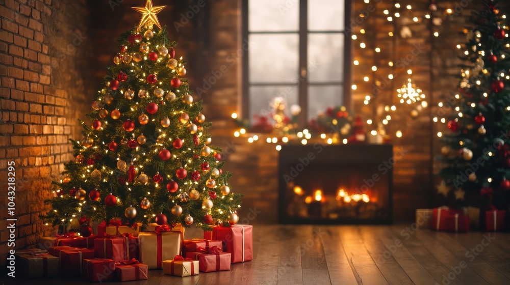 A beautifully lit Christmas tree adorned with gold and red ornaments, twinkling lights, and a star on top, standing in a cozy living room with gifts piled underneath A beautifully lit Christmas tree adorned with gold and red ornaments, twinkling lights, and a star on top, standing in a cozy living room with gifts piled underneath