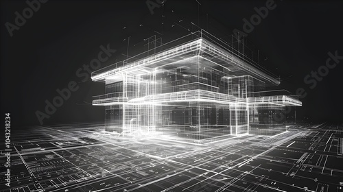 Fototapeta Naklejka Na Ścianę i Meble -  Futuristic Blueprint Building in 3D Perspective with Scan Line Technology Background