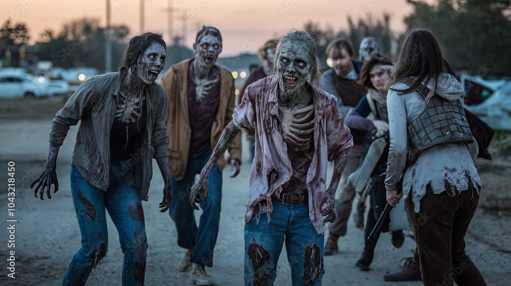 Horror scene featuring zombie apocalypse with group of undead creatures approaching desolate road. eerie atmosphere evokes fear and tension as zombies advance