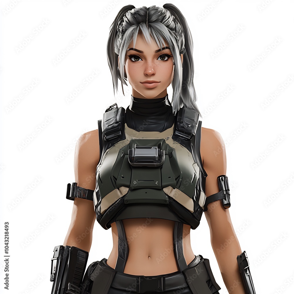 Gaming character girl in an armored vest and cyberpunk-style top on a white background. Gaming character girl in an armored vest and cyberpunk-style top on a white background.