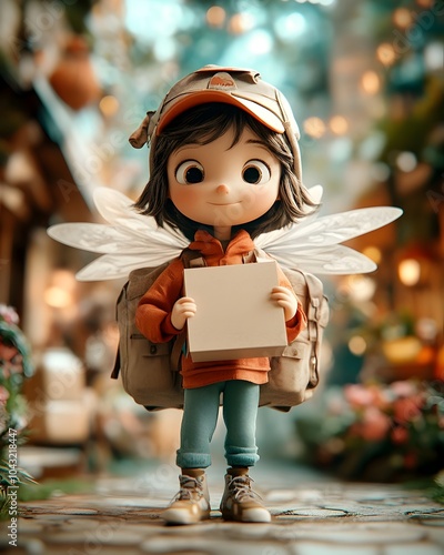 Endearing animated fairy like character gripping an unmarked paperboard package with a delicate posture and pose photo