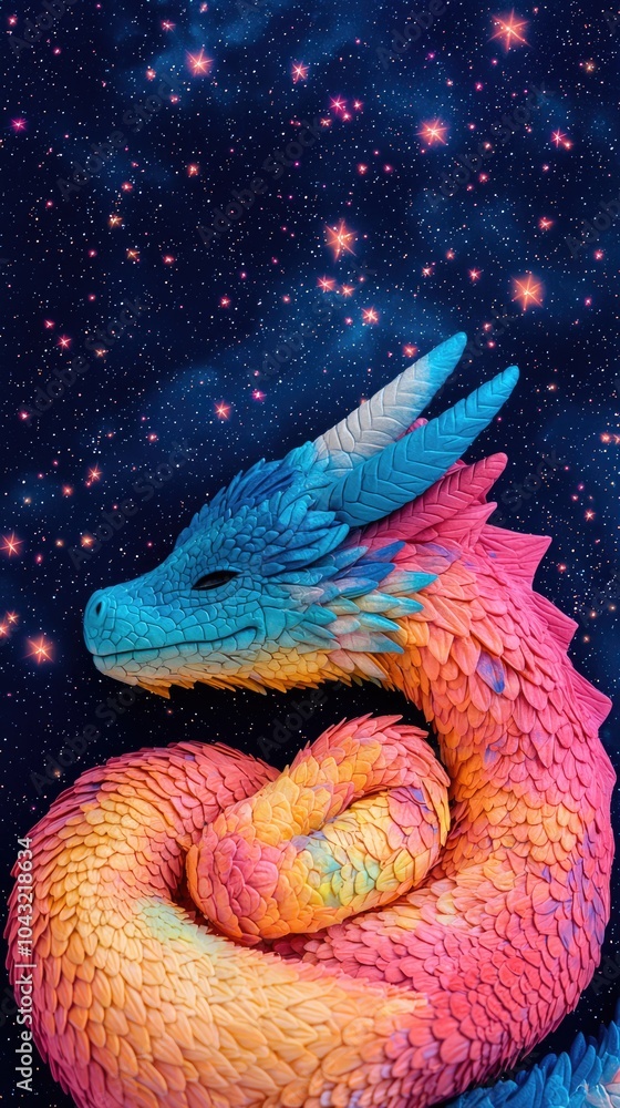 Fototapeta premium A vibrant, colorful dragon coiled in a starry night sky, showcasing intricate scales and a majestic presence, evoking fantasy and imagination.
