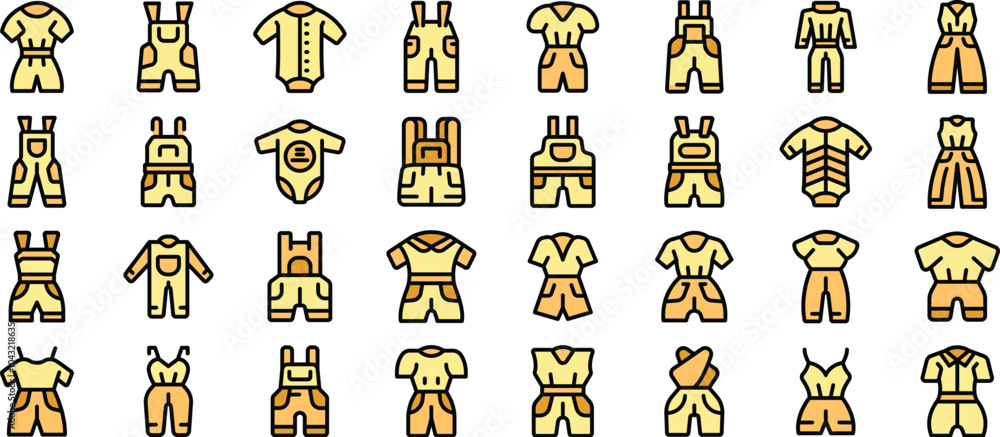 This set of icons features various styles of jumpsuits and overalls, highlighting their versatility for different genders and ages This set of icons features various styles of jumpsuits and overalls, highlighting their versatility for different genders and ages