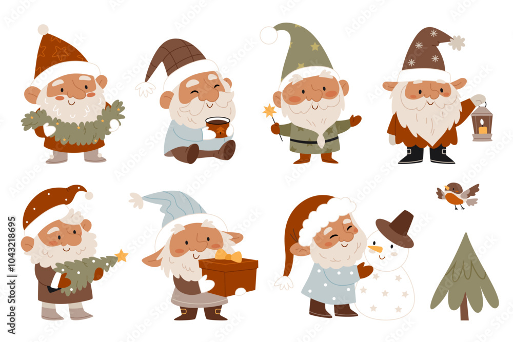Set of Christmas gnomes. Snowman, lantern, stars, cocoa, gift, Christmas tree, decor, bullfinch. Set of Christmas gnomes. Snowman, lantern, stars, cocoa, gift, Christmas tree, decor, bullfinch.