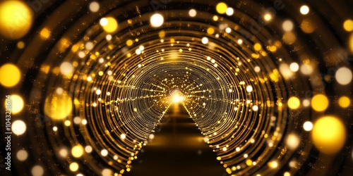 Abstract glowing tunnel with golden lights creating a futuristic, mesmerizing visual effect. Perfect for technology and creative design themes.