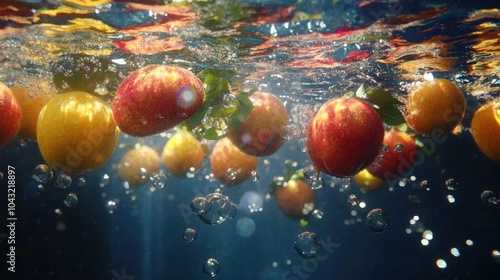 Floating apples and oranges create a vibrant underwater dance in a shimmering pond at sunset photo