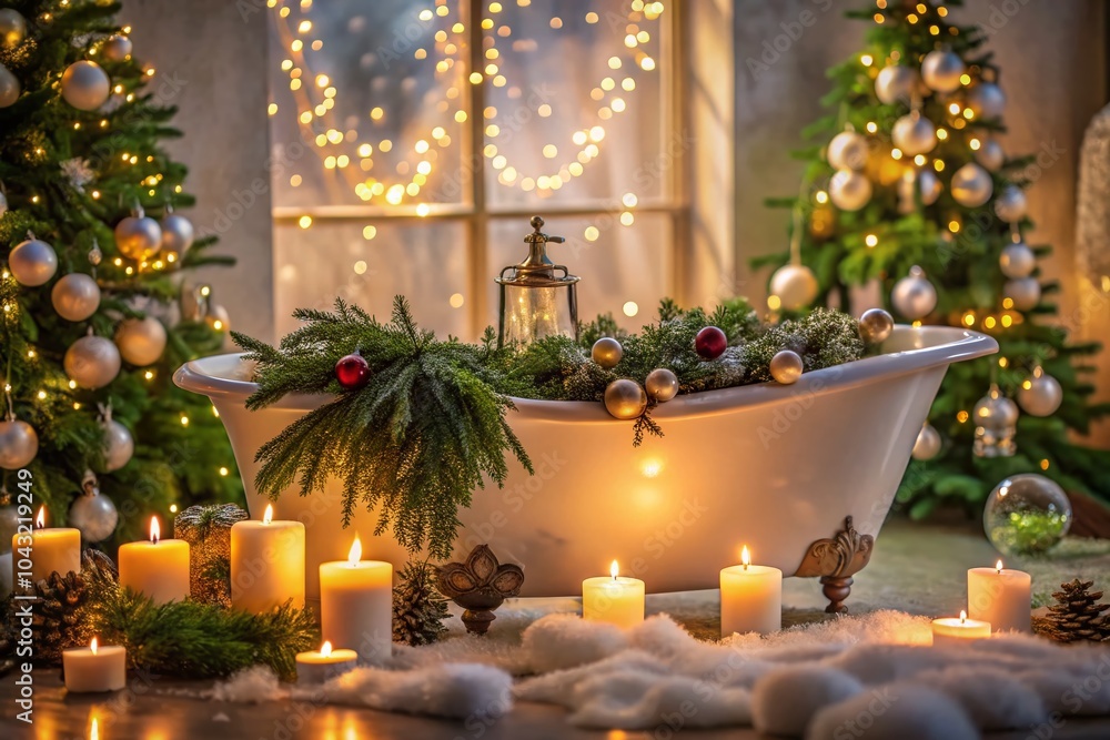 Cozy Christmas Bath Scene with Holiday Decor and Candles for Relaxation Cozy Christmas Bath Scene with Holiday Decor and Candles for Relaxation