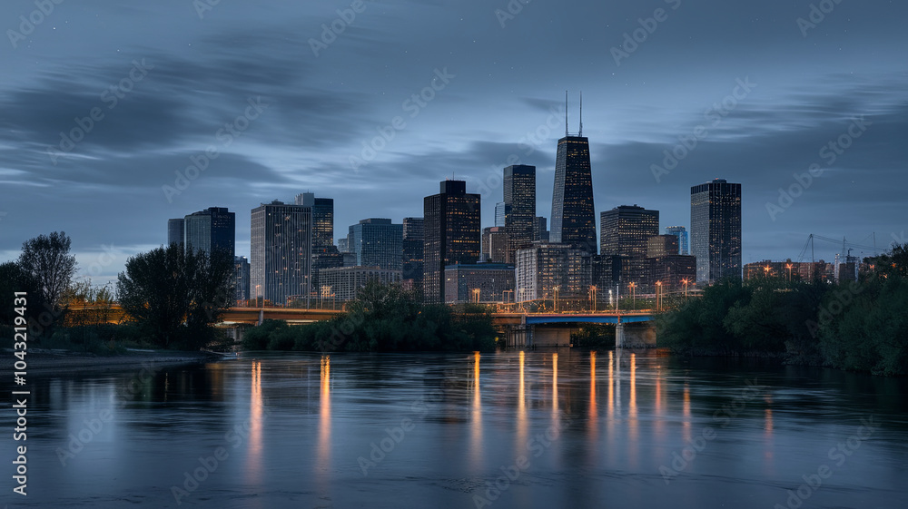 serene night scene showcasing city skyline reflected in calm river, with illuminated buildings creating tranquil atmosphere serene night scene showcasing city skyline reflected in calm river, with illuminated buildings creating tranquil atmosphere