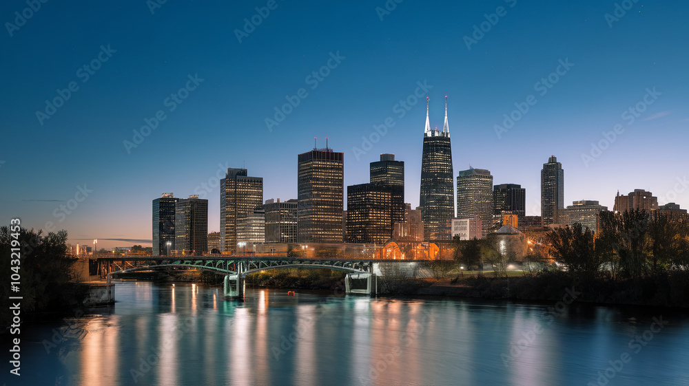 Obraz premium stunning night scene featuring city skyline with illuminated buildings reflecting on water. serene atmosphere captures beauty of urban life at dusk