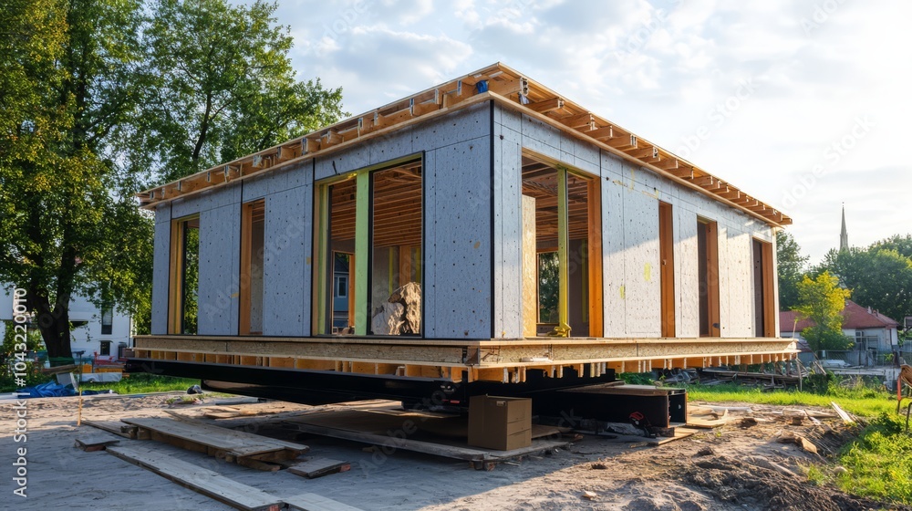 Modern Home Construction: A modular home under construction, showcasing the innovative and efficient building process with its raised foundation, structural frame, and sleek design. Modern Home Construction: A modular home under construction, showcasing the innovative and efficient building process with its raised foundation, structural frame, and sleek design.