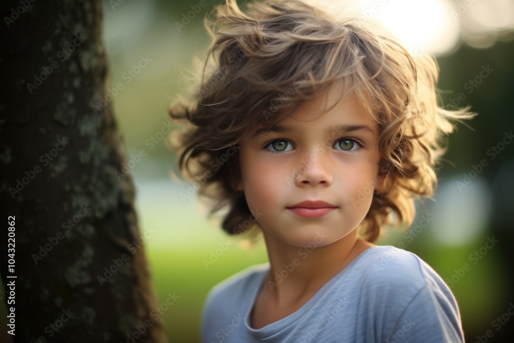 Portrait of a cute little boy with curly hair in the park Portrait of a cute little boy with curly hair in the park