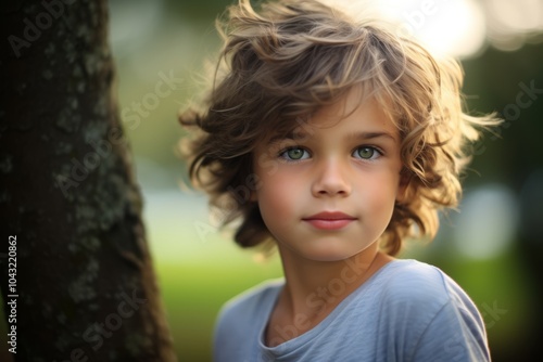 Portrait of a cute little boy with curly hair in the park