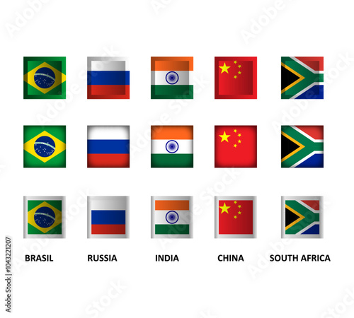 badge of brazil, russia, india, china and south africa with flag country on white background for icon logo web graphic. vector illustration.