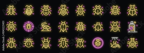 Vibrant neon glow icon set illustrating various types of bugs, highlighting pest control concepts