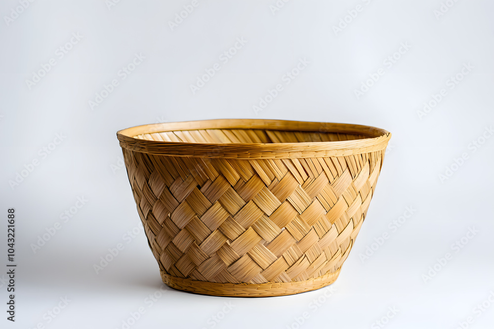Empty straw, rattan wicker basket on white background Bamboo basket, Storage basket Empty straw, rattan wicker basket on white background Bamboo basket, Storage basket