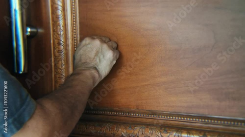 Man's Hand Knoking On A Door, Interior, Detail photo