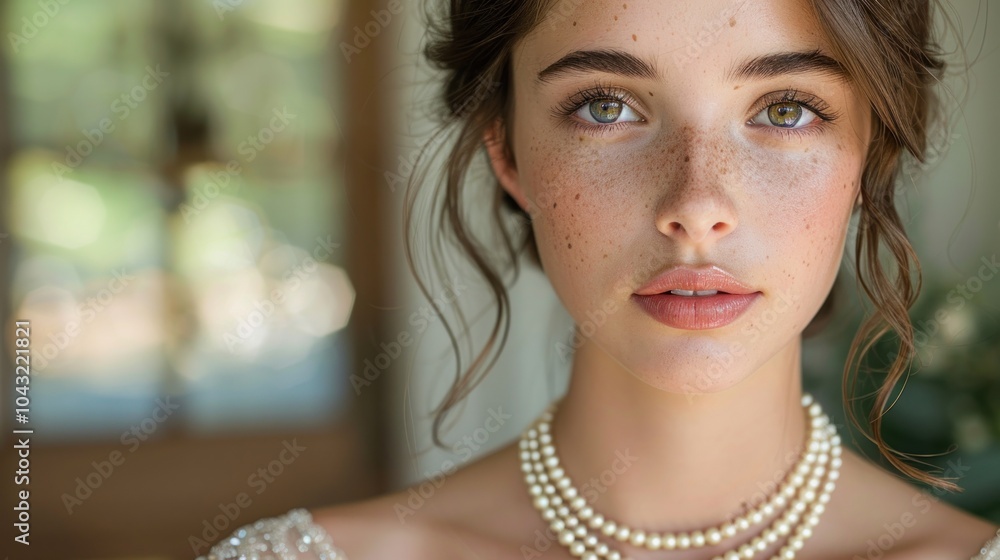A young woman with captivating green eyes and freckles adorned in a pearl necklace smiles softly in a bright, airy room. Generative AI A young woman with captivating green eyes and freckles adorned in a pearl necklace smiles softly in a bright, airy room. Generative AI