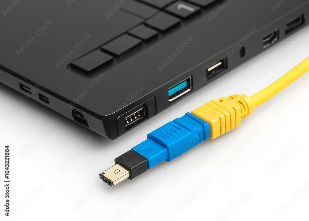 A broken network cable connecting a laptop to the internet is attached to the computer anyway with insulating tape. A broken network cable connecting a laptop to the internet is attached to the computer anyway with insulating tape.