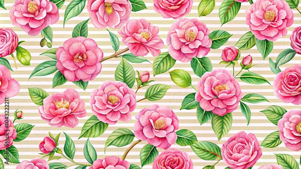 High angle seamless pattern of pink Camellia japonica flowers and leaves on warm striped watercolor background High angle seamless pattern of pink Camellia japonica flowers and leaves on warm striped watercolor background