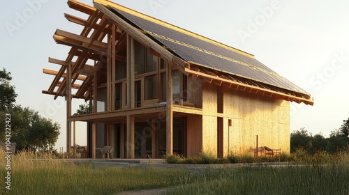 Modern Sustainable Home: A breathtaking view of a contemporary wooden house with a solar panel roof, blending seamlessly with the natural surroundings.